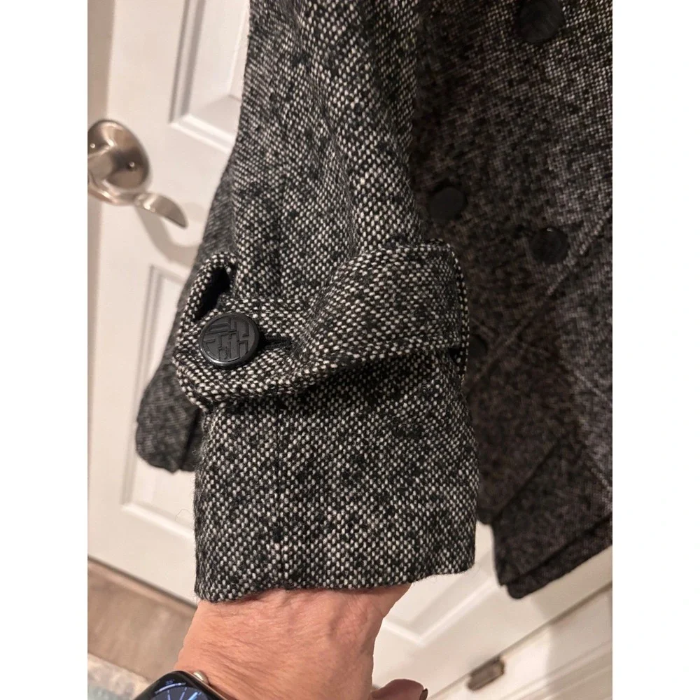 Guess Tweed‎ Double Breasted Peplum Coat Women's XL Black White Textured Button